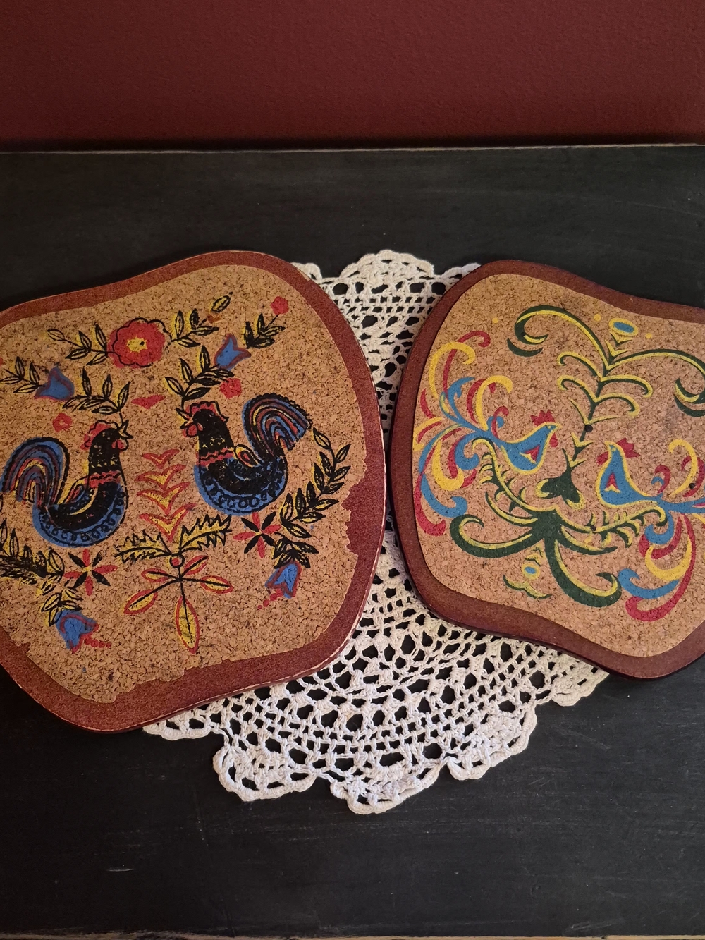 Vintage Folk Art Rooster Cork Trivets - Set of 2